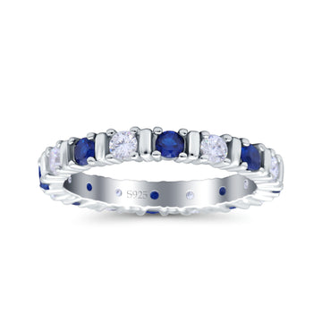 Full Eternity Stackable Ring Wedding Band Round Simulated Blue Sapphire CZ 925 Sterling Silver (3mm)